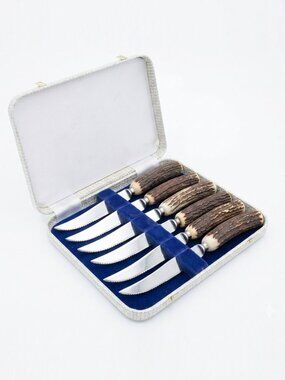 Vintage Atkinson Bros Sheffield England 6 Antler Stag Horn Steak Knife Set Boxed